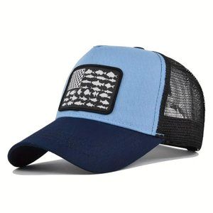 Sky Blue Fishing American Flag‎ Baseball Tricker Cap, Fish, Summer Hiking